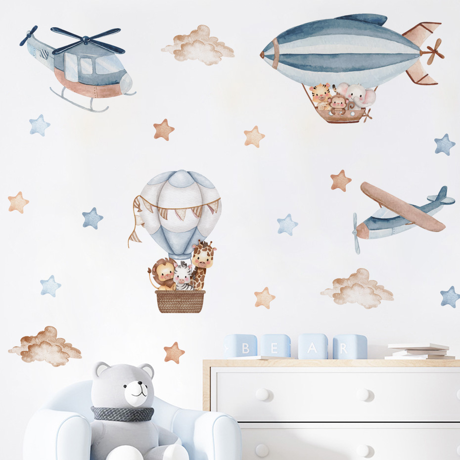 Baby Nursery Wall Mural - Autocollants muraux animaux aquarelle, ballons à