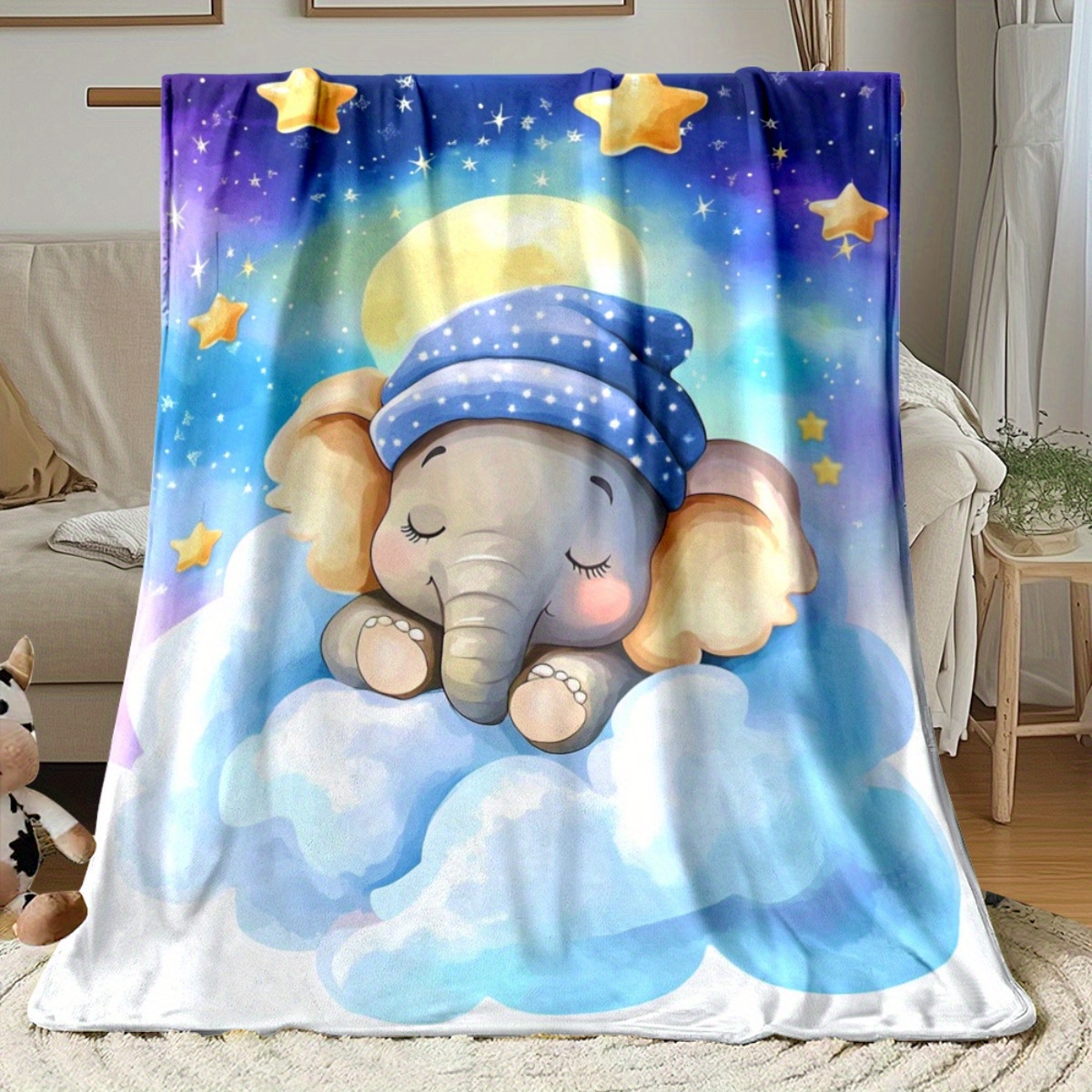 Baby Nursery Elephant Theme - Couverture polaire pour bébé endormi, éléphant,